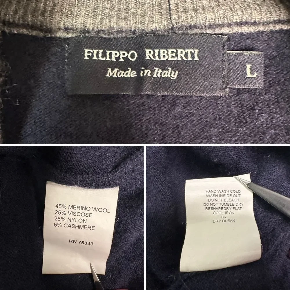 Men’s Filippo Riberti 1/4 ZIP Cashmere Wool Blend Golf Sweater Italy Made Navy L